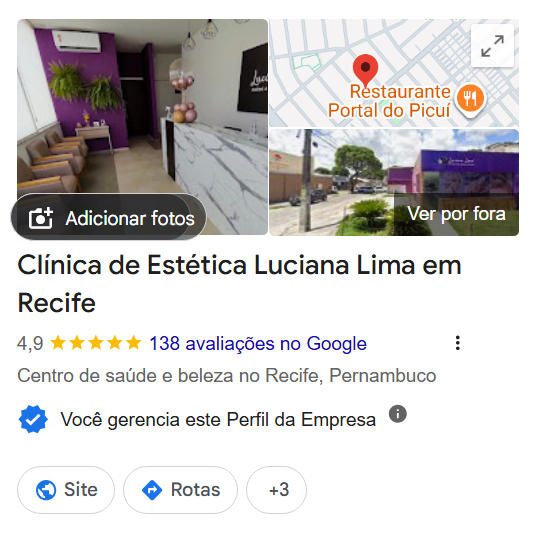 Perfil da Clínica de Estética Luciana Lima com nota 4,9 e 138 avaliações no Google