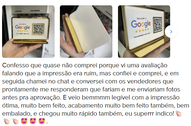 Avaliação de cliente elogiando impressão, acabamento, embalagem e entrega da placa