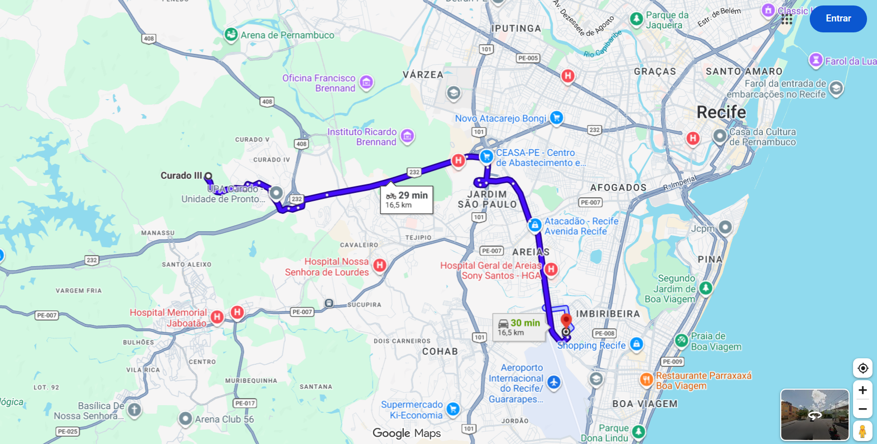 Exemplo de rota exibida no Google Maps em Recife